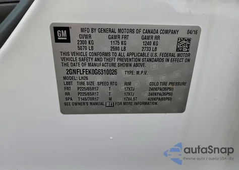 2016 Chevrolet Equinox Lt из США, поврежденный, VIN 2GNFLFEK0G6310026